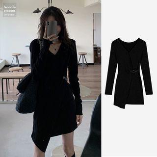 Long-sleeve Irregular Knit Mini Dress