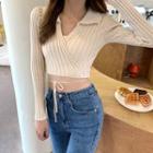 Long Sleeve V-neck Wrap Lace Up Ribbed Knit Crop Top