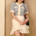 Short-sleeve Button-up Knit Top / Frill Trim Mini A-line Skirt