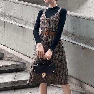 Set: Plain Long-sleeve Top + Plaid Midi A-line Pinafore Dress