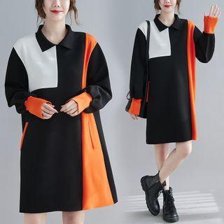 Color-block Polo-neck Dress Black - One Size