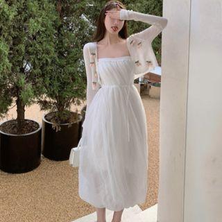 Strapless Midi A-line Dress / Cherry Applique Cropped Cardigan