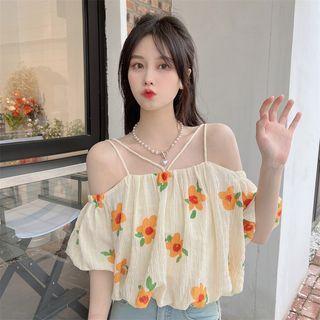 Short-sleeve Off-shoulder Floral Blouse Almond - One Size