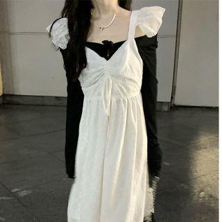 Long-sleeve Henley T-shirt / Ruffle Strap Mid Overall Dress
