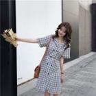 Short-sleeve Plaid Double Breasted A-line Dress