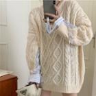 Mock Two-piece Cable Knit Sweater Off-white - One Size