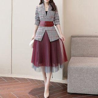 Set: Plaid Blazer + Mesh Midi Accordion Pleat Skirt
