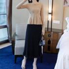 Set: Long-sleeve Peplum Knit Top + Midi A-line Skirt