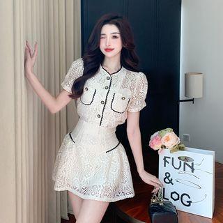 Set: Short-sleeve Lace Blouse + Mini A-line Skirt