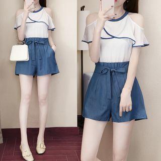 Set: Ruffle Trim Short-sleeve Top + Shorts
