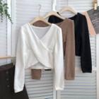 V-neck Plain Long-sleeve Cropped Knit Top