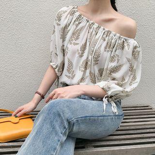 Leaf Print Off-shoulder Blouse White - One Size