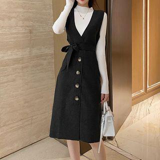 Set: Mock-neck Long-sleeve Knit Top + Single-breasted Sleeveless Dress