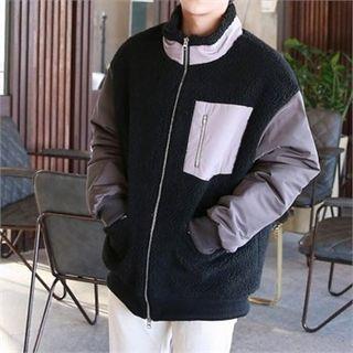 High-neck Contrast-sleeve Sherpa-fleece Jacket