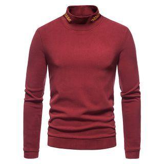 Long-sleeve Turtleneck Leaf Embroidered T-shirt