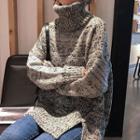 Turtleneck Oversized Slit Melange Sweater