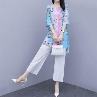 Set: Elbow-sleeve Floral Print Blouse + Cropped Wide-leg Pants