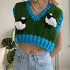 Contrast-trim Sheep Crop Knit Vest Green - One Size