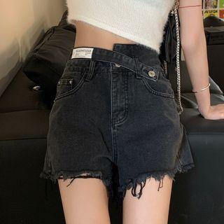 High-waist Asymmetric Frayed Denim Shorts