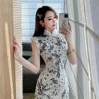 Sleeveless Floral Print Lace Trim Mini Sheath Qipao Dress