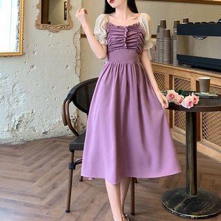 Puff-sleeve Frill Trim Ruched Midi A-line Dress