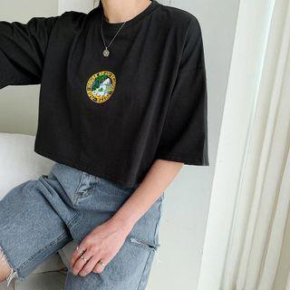 Graphic Print Crop T-shirt Charcoal Gray - One Size