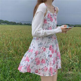 Spaghetti Strap Floral Print Mini Dress / Knit Shrug