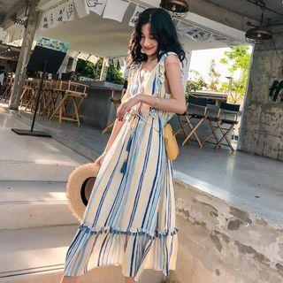 Striped Ruffled V-neck Midi Sundress