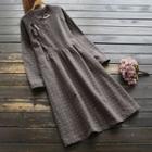 Long-sleeve Dotted Midi A-line Linen Dress
