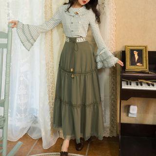 Set: Bell-sleeve Gingham Blouse + Lace Trim Embroidered Midi A-line Skirt