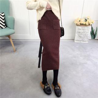 Double Pocket Knit Midi Pencil Skirt
