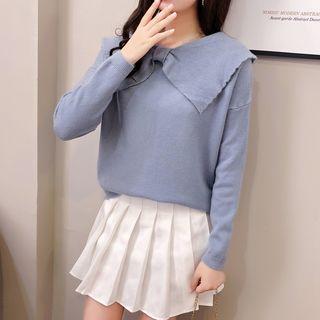 Long-sleeve Peter Pan Collar Plain Knit Top
