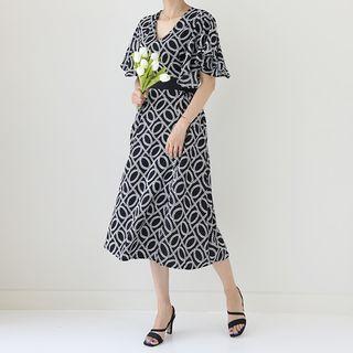 Beribboned Long Patterned Dress Black - One Size