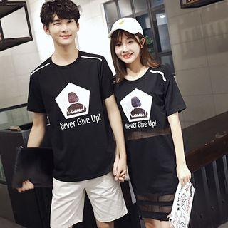 Couple Matching Print Short-sleeve T-shirt / Mesh Panel T-shirt Dress