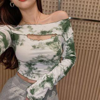 Long-sleeve Tie-dye Print Cutout Cropped T-shirt