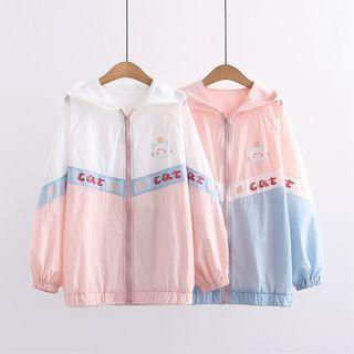 Cat Print Color Block Hooded Zip-up Jacket