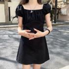 Short-sleeve Plain Dress Black Dress - One Size