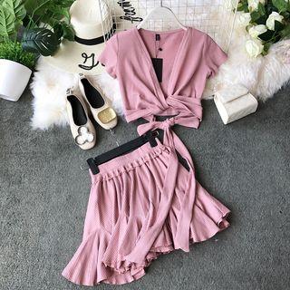 Set: Short-sleeve Cropped Wrap Top + A-line Mini Skirt