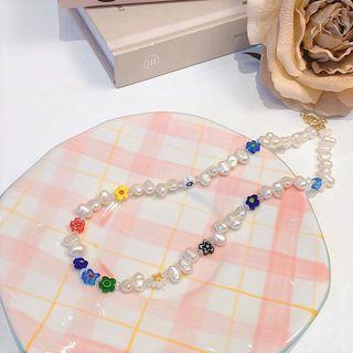 Flower Freshwater Pearl Choker Red & Green & Blue & White - One Size