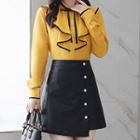 Set: Long-sleeve Blouse + Faux Leather A-line Skirt