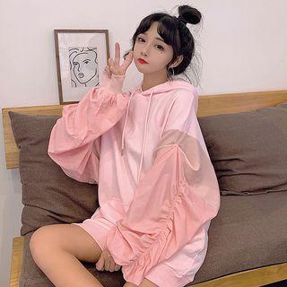 Lantern-sleeve Plain Hooded Pullover Pink - One Size