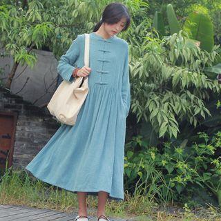 Plain Frog-button Long Sleeve Dress Blue - One Size