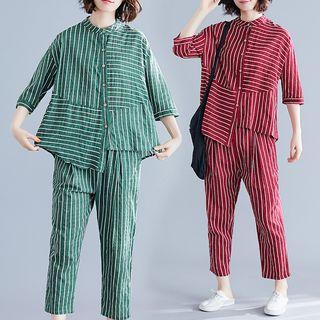 Set : Asymmetrical Striped Shirt + Cropped Pants