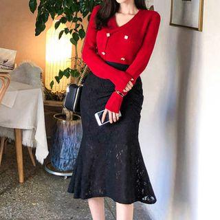 Rhinestone V-neck Sweater Red - One Size