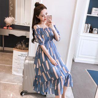 Elbow-sleeve Off Shoulder Patterned Midi Dress
