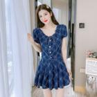 Set: Puff-sleeve Argyle Print Blouse + A-line Denim Skirt