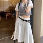 V-neck Plain Cropped Knit Vest / High-waist Plain Pleated Skirt