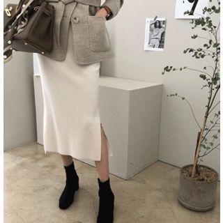 Band-waist Slit-side Wool Skirt
