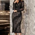Set: Long-sleeve Lace Panel Shirt + Midi Fitted Skirt