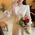 Long-sleeve V-neck Plain Lace A-line Dress